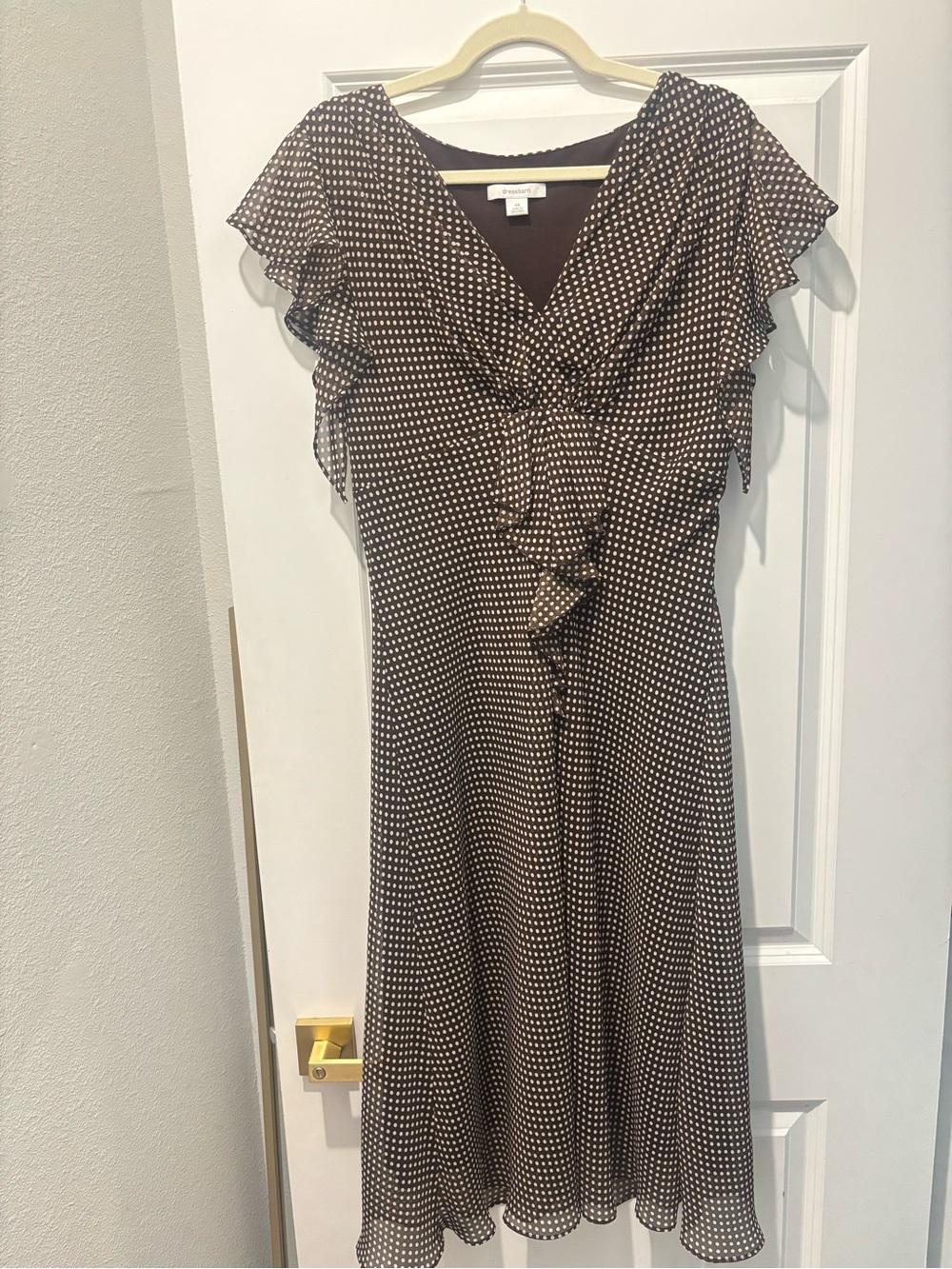 Vintage Polka Dot Ruffle V-Neck Midi Dress - Brown/White
